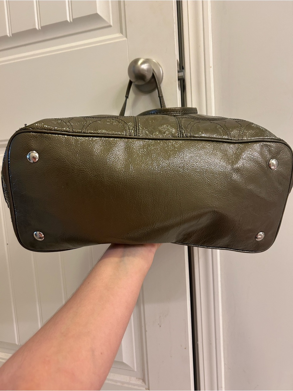 Coach Signature C Stitch Patent Leather Kisslock Satchel Tote Metallic Olive - Picture 3 of 16